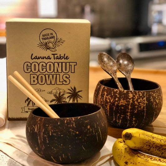 thai coconut bowls with bamboo straws and spoons in Halloween gift box for her or him
