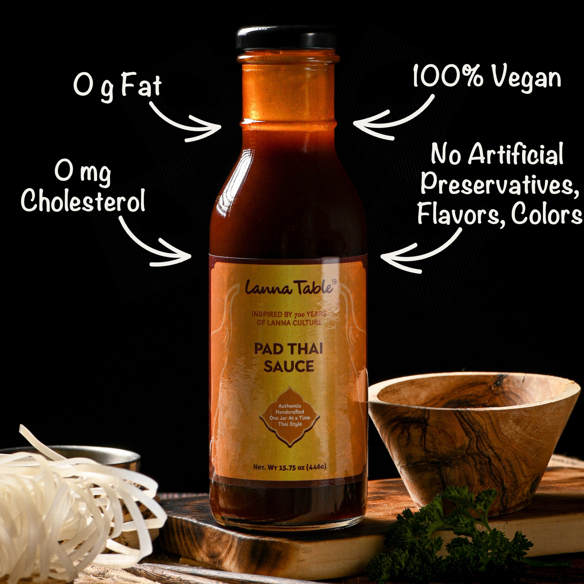 non fat, zero mg cholesterol, 100% vegan vegterian, no artificial preservatives flavors colors, best pad thai sauce 